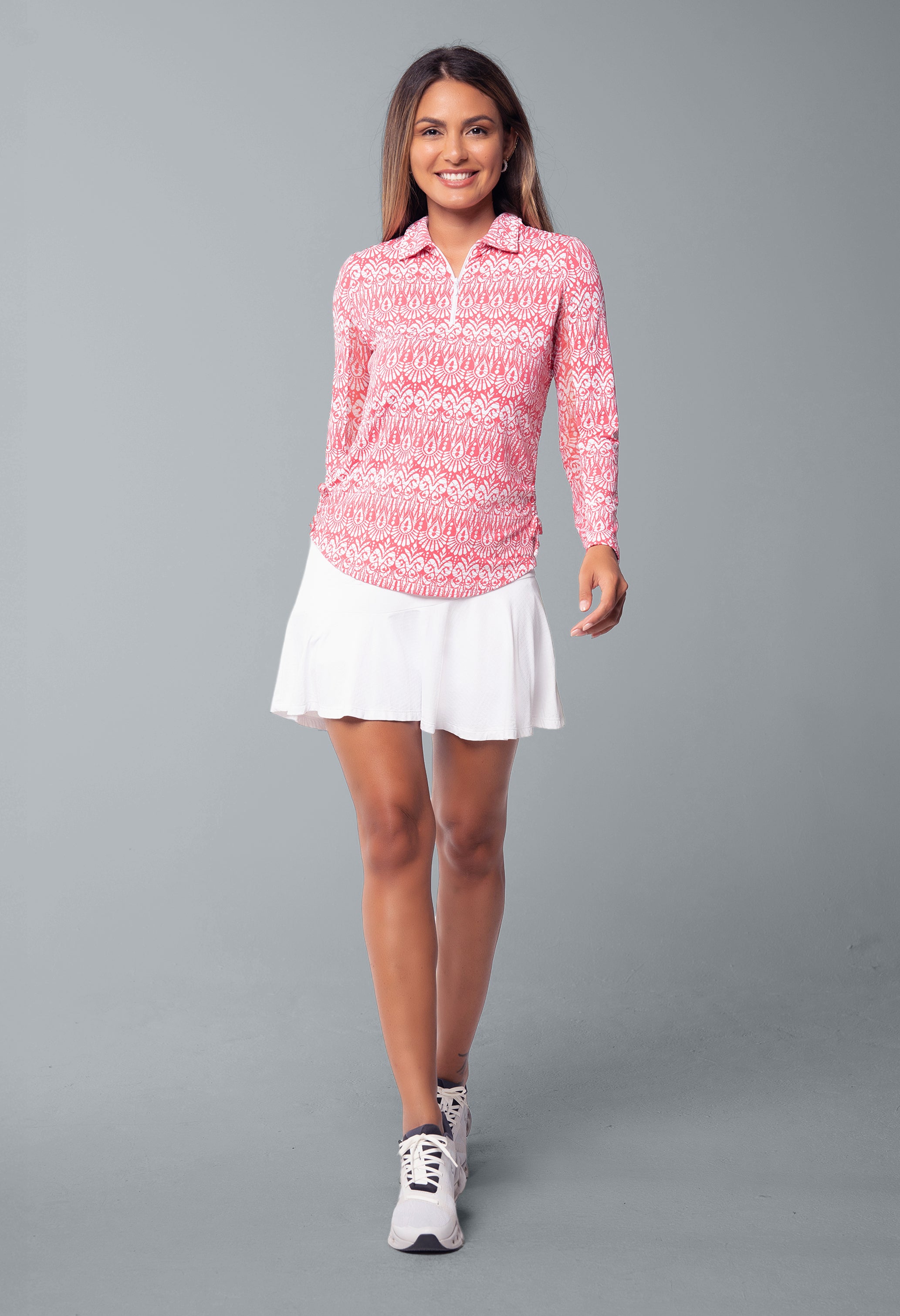 IBKÜL - Barbara Print Adjustable Length Long Sleeve Polo – 48086 - Color: Watermelon/White