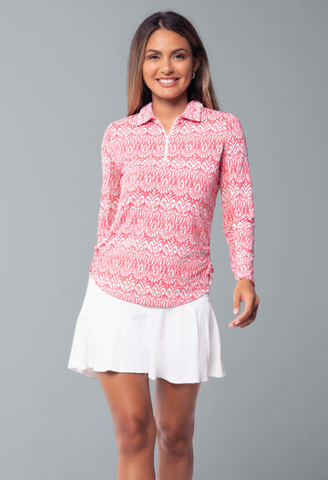 IBKÜL - Barbara Print Adjustable Length Long Sleeve Polo – 48086 - Color: Watermelon/White