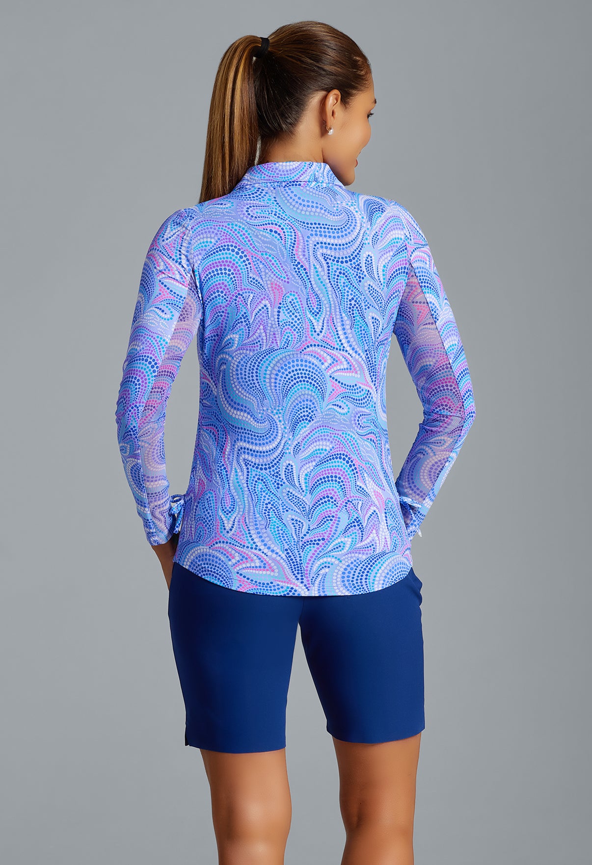 IBKÜL - Rebecca Print Adjustable Length Long Sleeve Polo – 48087 - Color: Lavender Multi