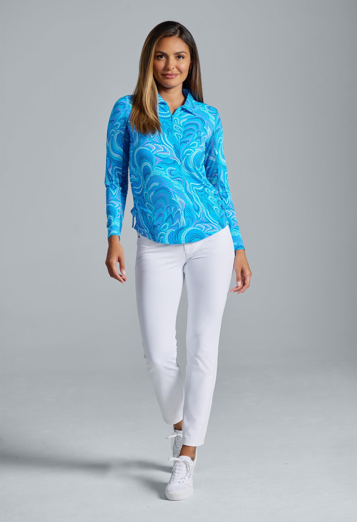 IBKÜL - Rebecca Print Adjustable Length Long Sleeve Polo – 48087 - Color: Turquoise Multi