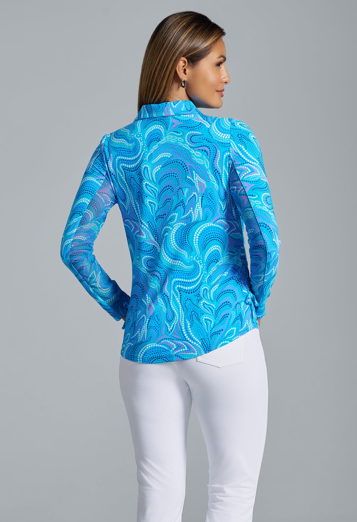 IBKÜL - Rebecca Print Adjustable Length Long Sleeve Polo – 48087 - Color: Turquoise Multi