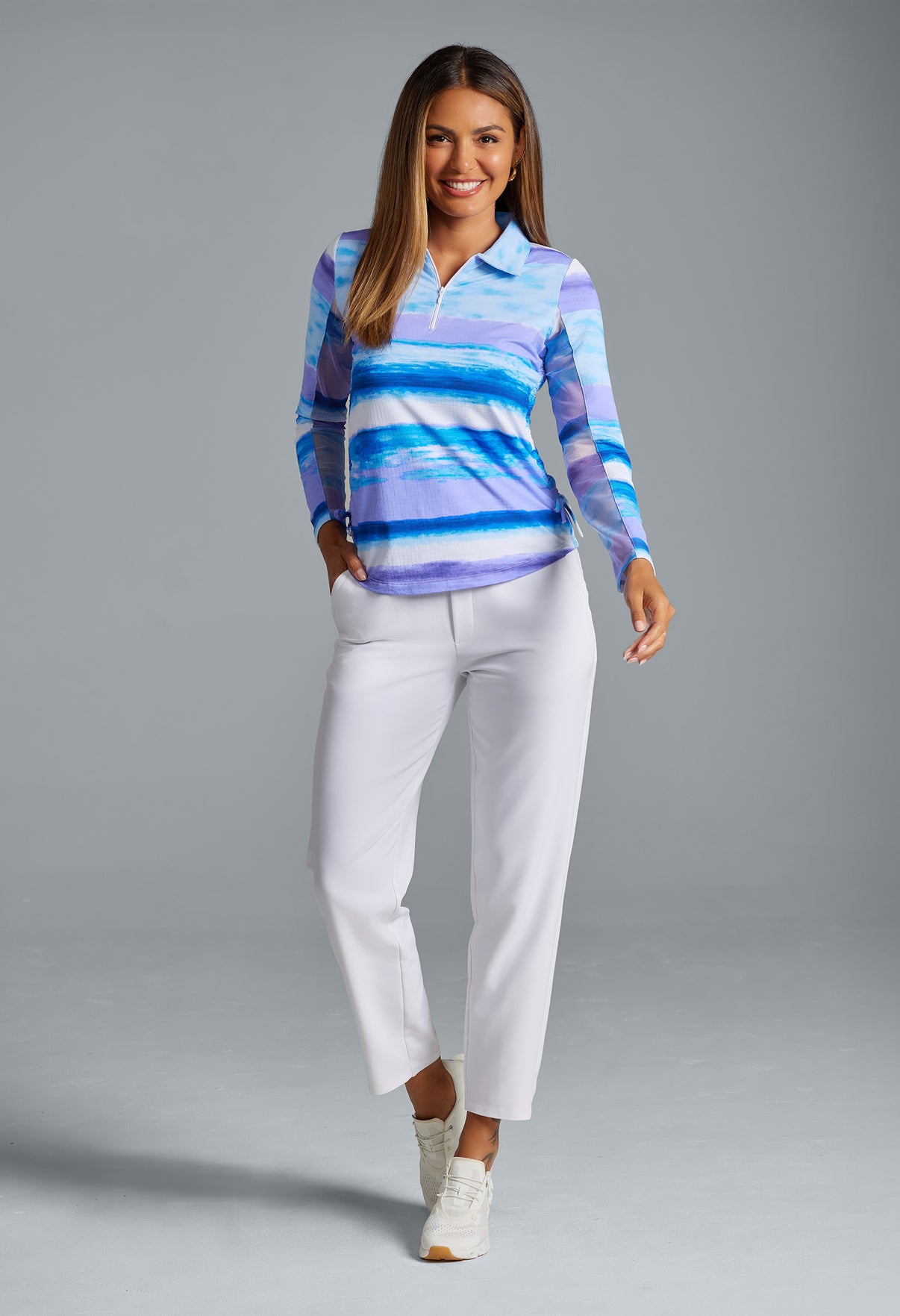 IBKÜL - Amy Print Adjustable Length Long Sleeve Polo – 48088 - Color: Peri/Lavender