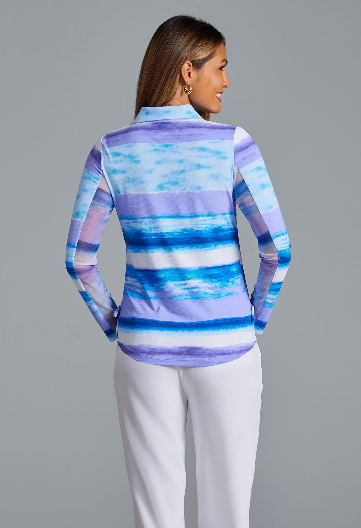 IBKÜL - Amy Print Adjustable Length Long Sleeve Polo – 48088 - Color: Peri/Lavender