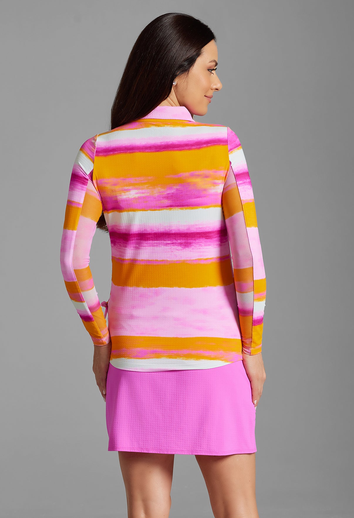 IBKÜL - Amy Print Adjustable Length Long Sleeve Polo – 48088 - Color: Hot Pink/Orange Peel