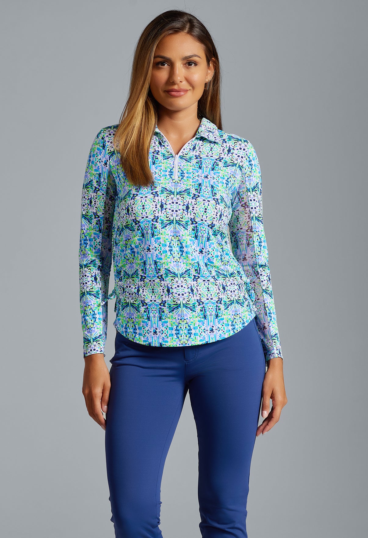 IBKÜL - Ridley Print Adjustable Length Long Sleeve Polo – 48089 - Color: Navy Multi