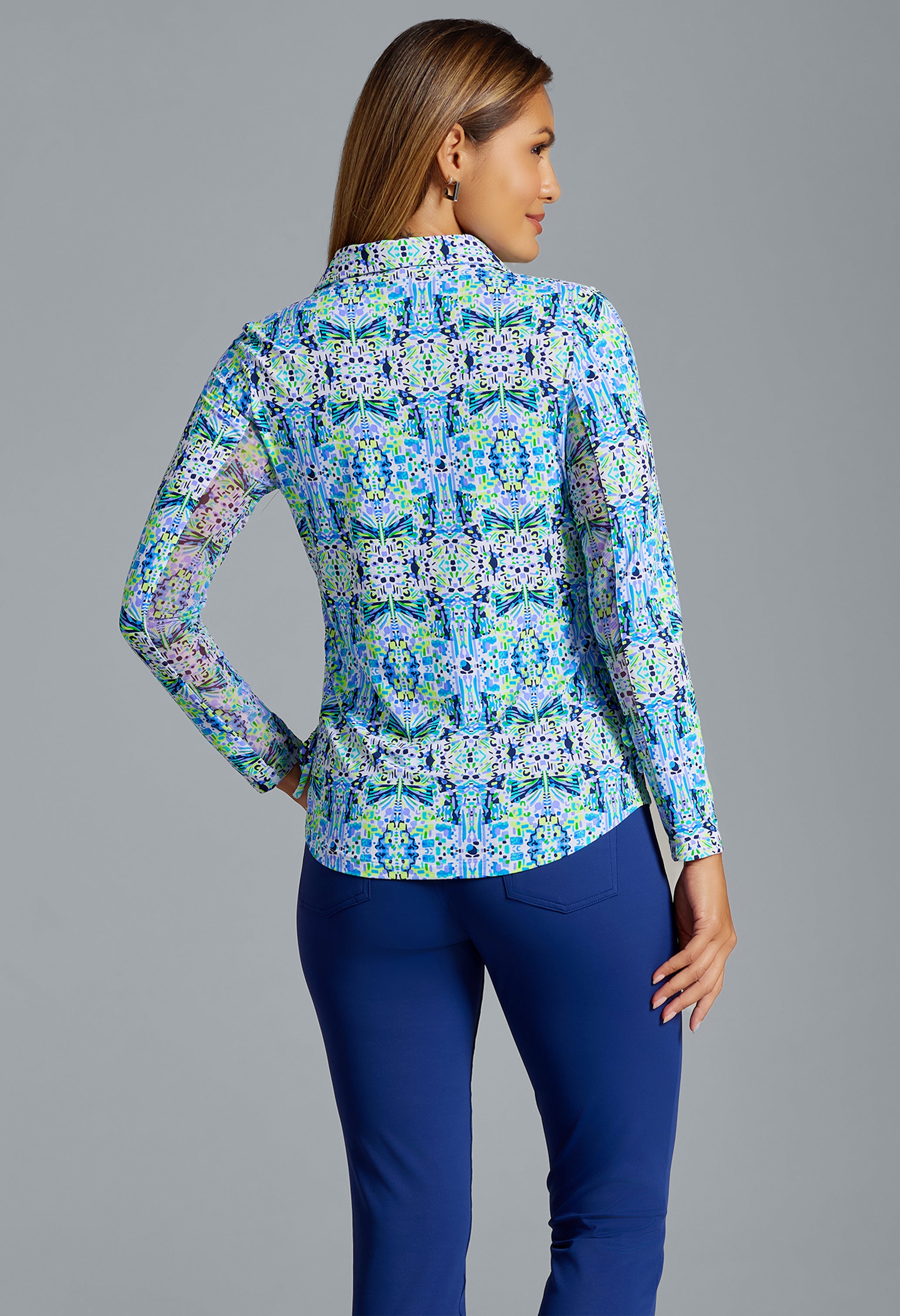 IBKÜL - Ridley Print Adjustable Length Long Sleeve Polo – 48089 - Color: Navy Multi