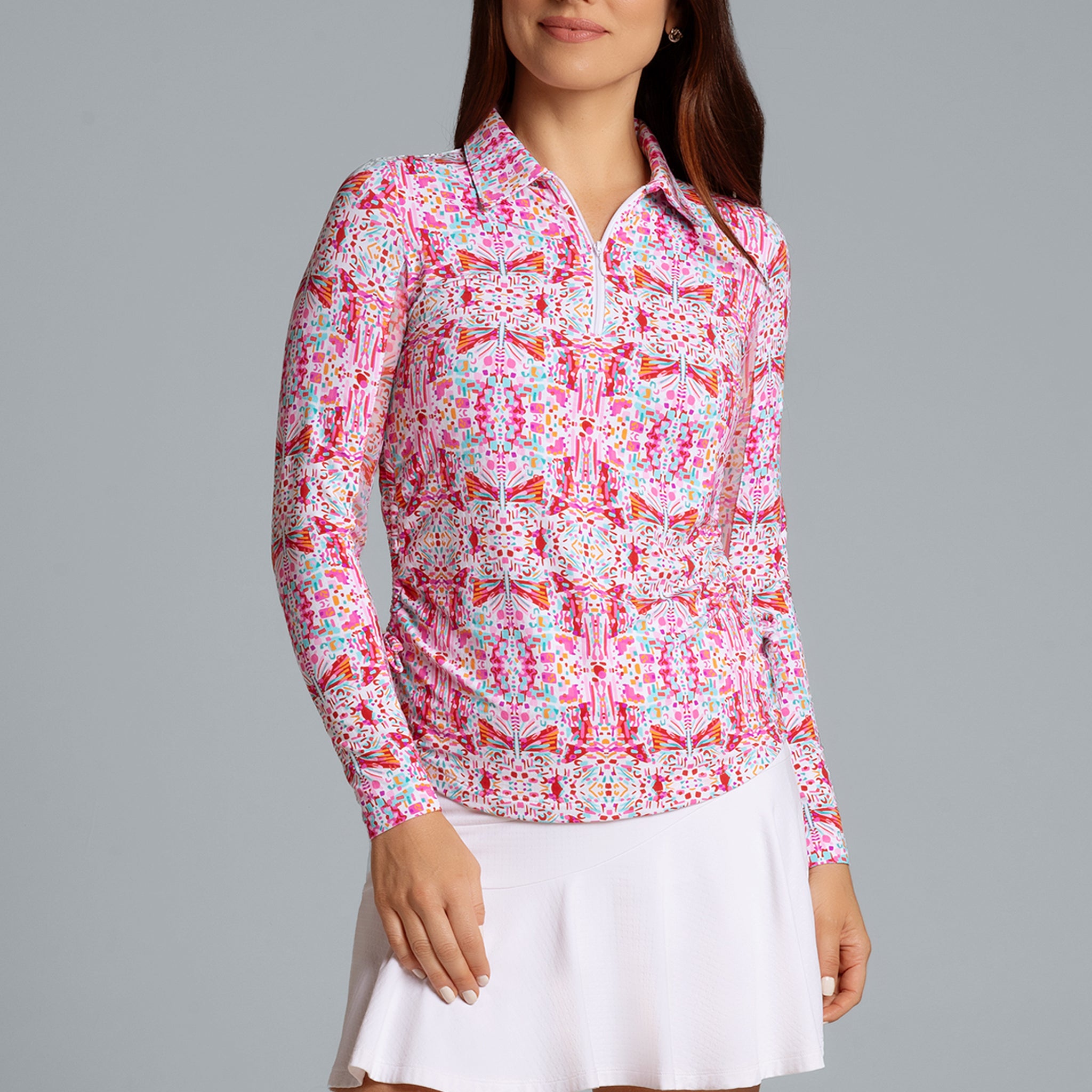 IBKÜL - Ridley Print Adjustable Length Long Sleeve Polo – 48089 - Color: Watermelon Multi