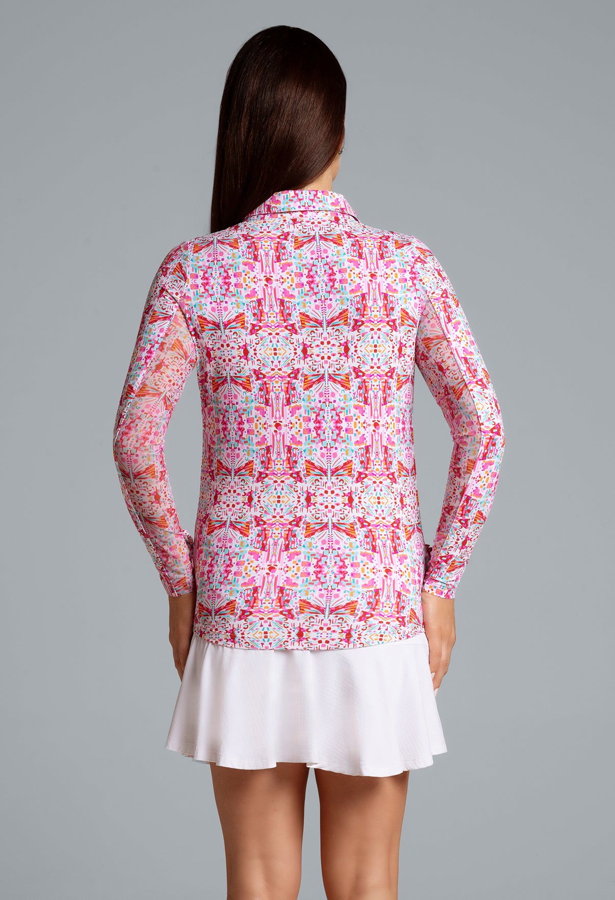 IBKÜL - Ridley Print Adjustable Length Long Sleeve Polo – 48089 - Color: Watermelon Multi