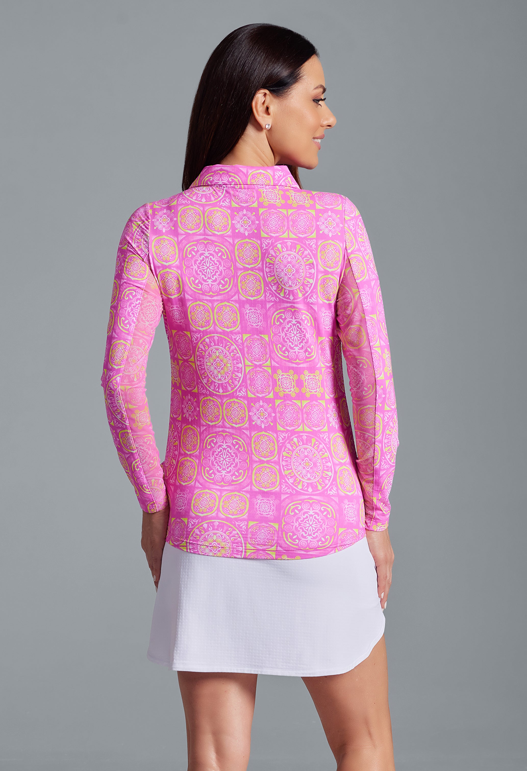 IBKÜL - Colette Print Adjustable Length Long Sleeve Polo – 48090 - Color: Hot Pink/Yellow