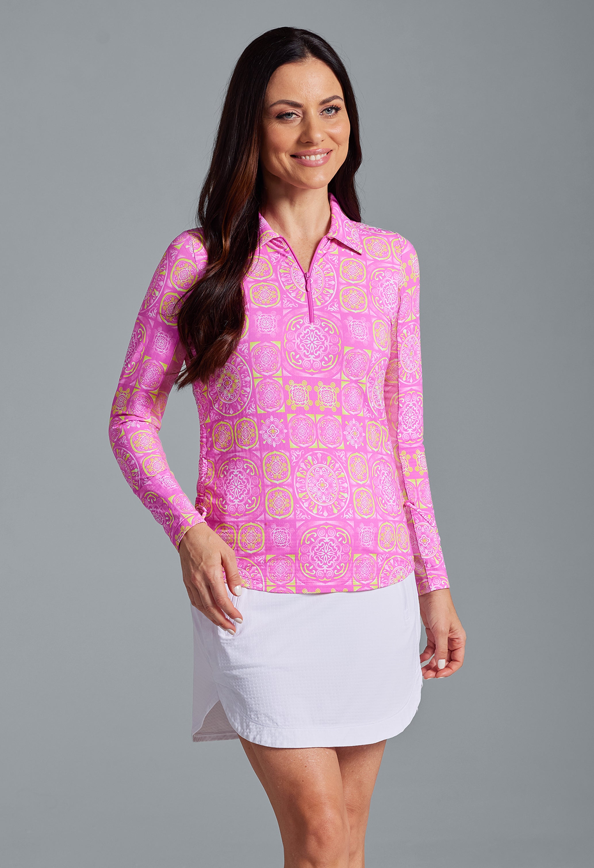IBKÜL - Colette Print Adjustable Length Long Sleeve Polo – 48090 - Color: Hot Pink/Yellow