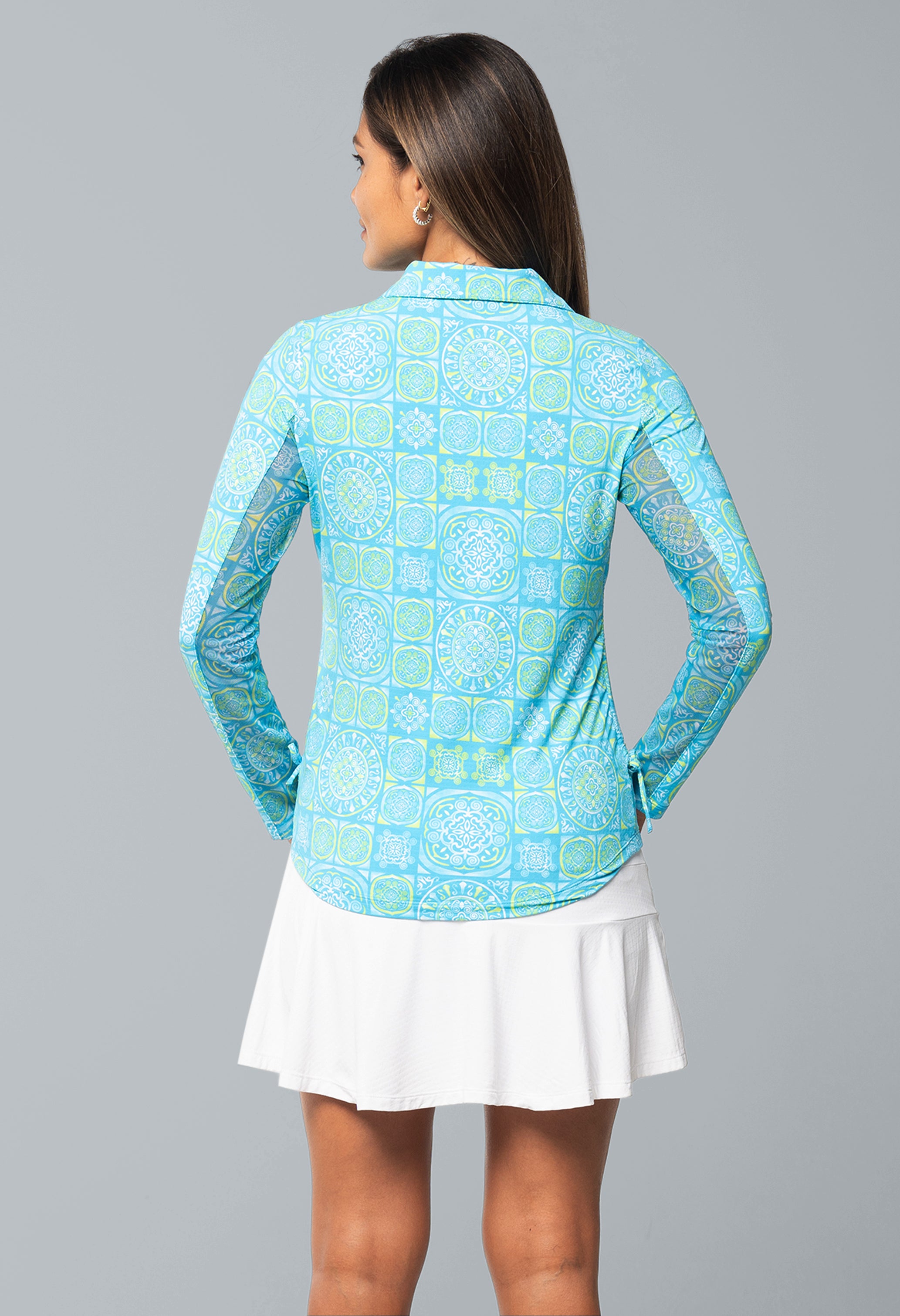 IBKÜL - Colette Print Adjustable Length Long Sleeve Polo – 48090 - Color: Turquoise/Lime