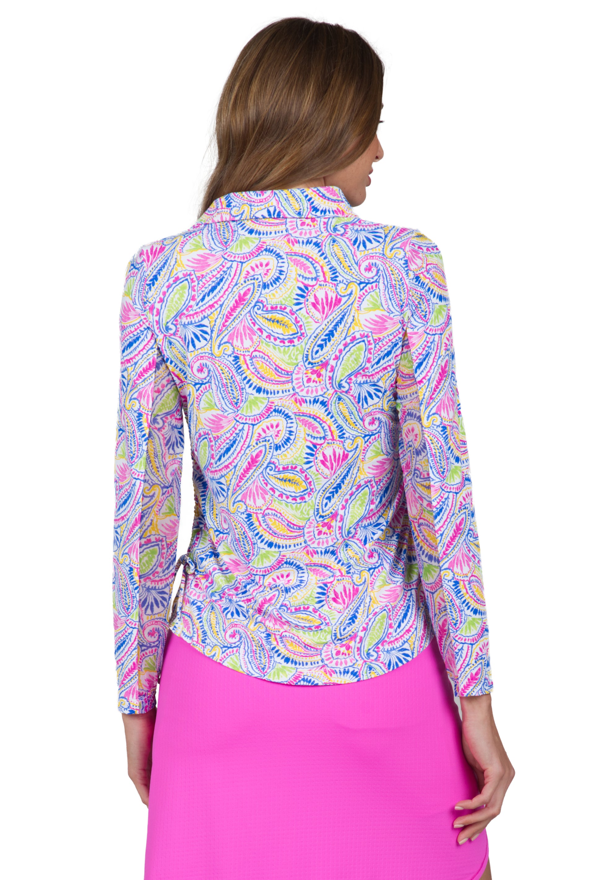 IBKÜL - Massie Print Adjustable Length Long Sleeve Polo - 48541 - Color: Hot Pink/Yellow