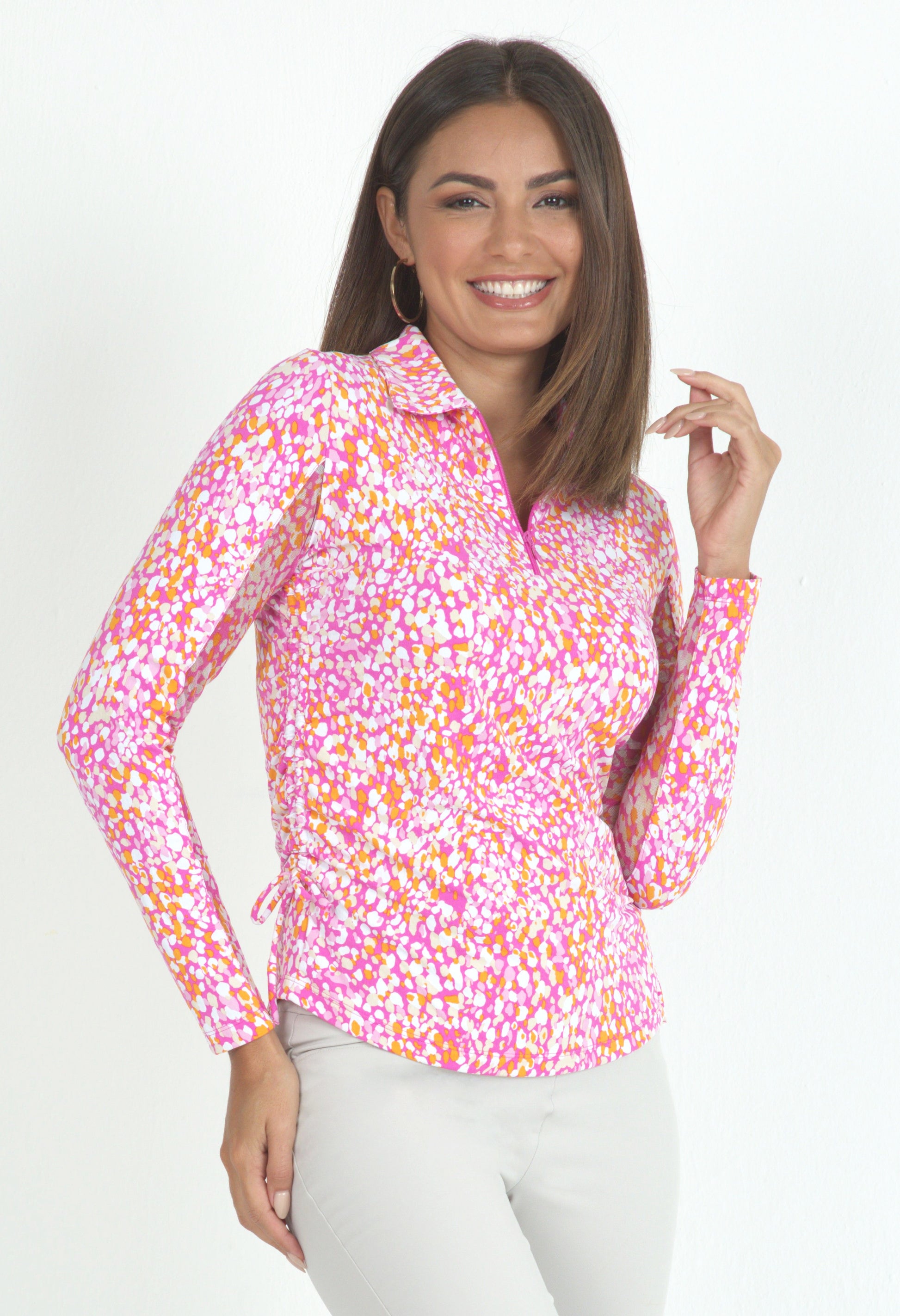 IBKÜL - Naomi Print Adjustable Length Long Sleeve Polo – 48761 - Color: Hot pink/Candy Pink