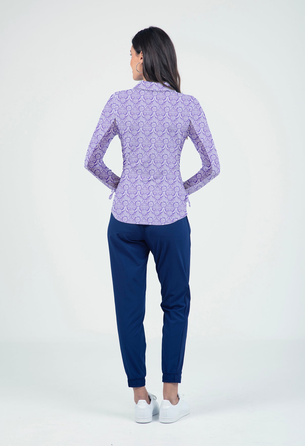 IBKÜL - Leslie Print Adjustable Length Long Sleeve Polo – 48868 - Color: Lavender/White