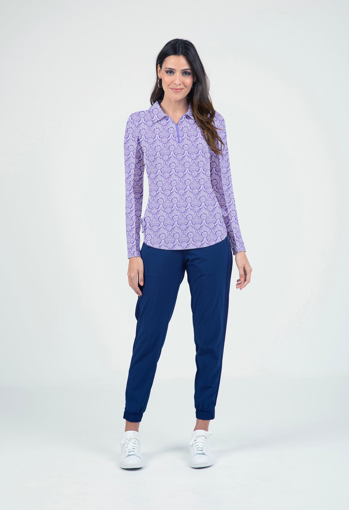 IBKÜL - Leslie Print Adjustable Length Long Sleeve Polo – 48868 - Color: Lavender/White