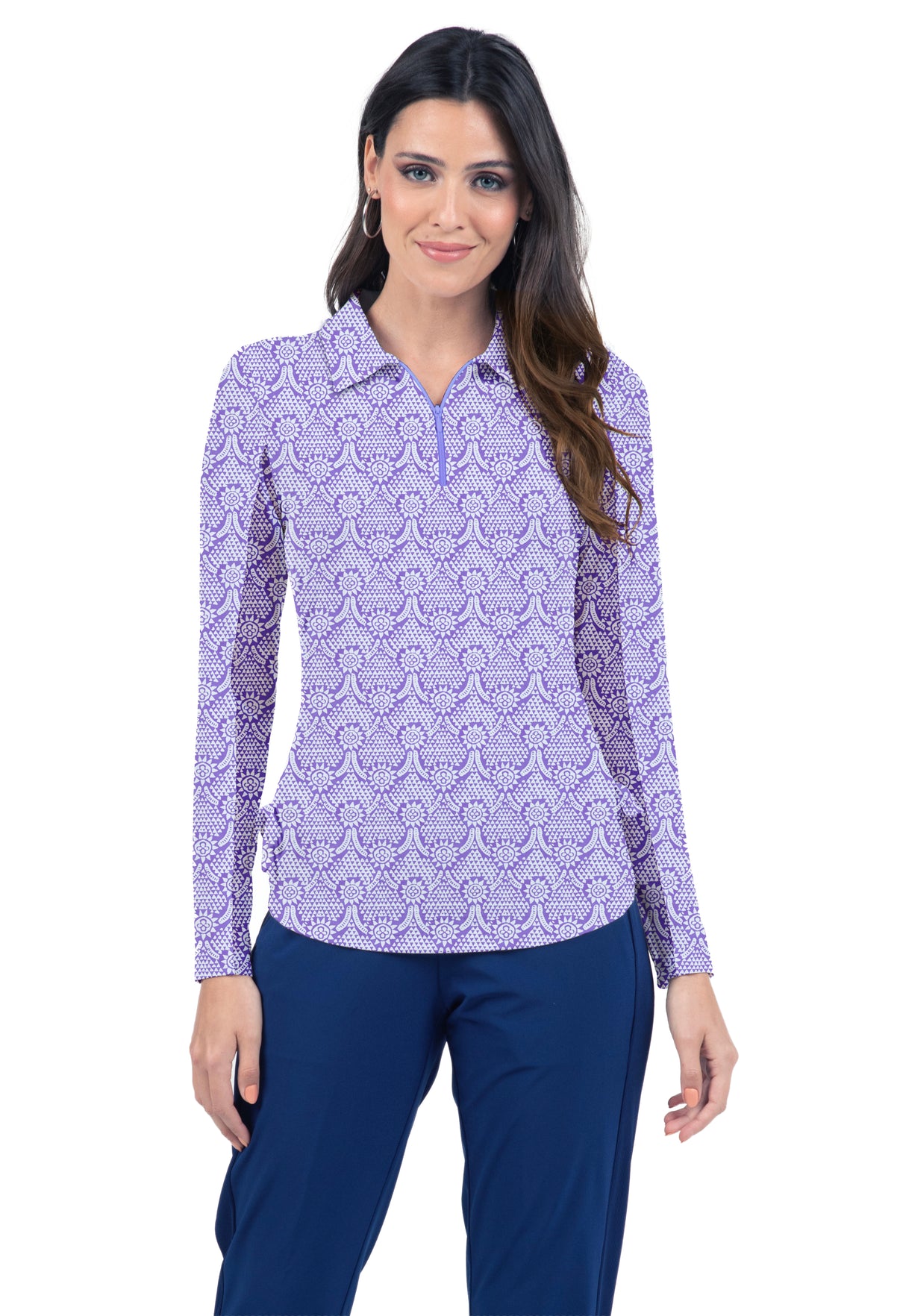 IBKÜL - Leslie Print Adjustable Length Long Sleeve Polo – 48868 - Color: Lavender/White