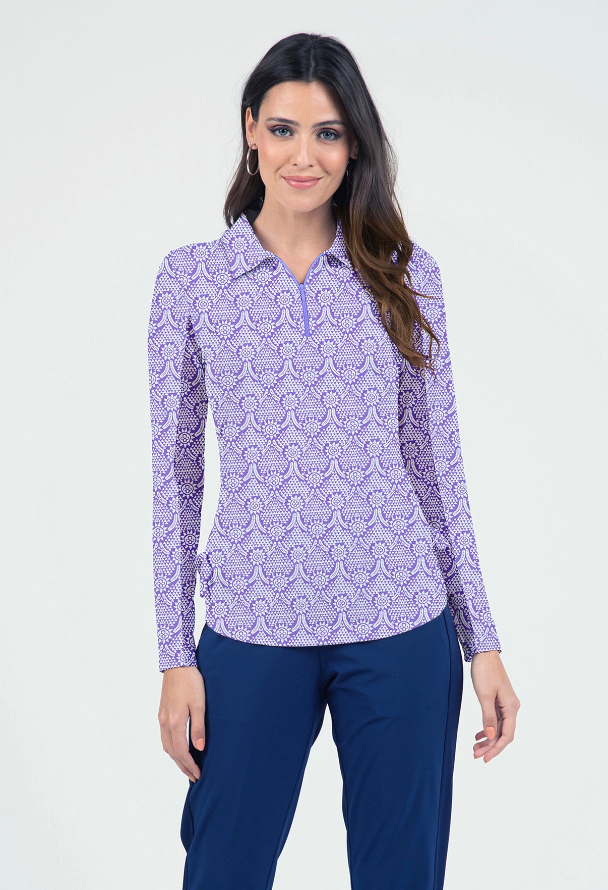 IBKÜL - Leslie Print Adjustable Length Long Sleeve Polo – 48868 - Color: Lavender/White