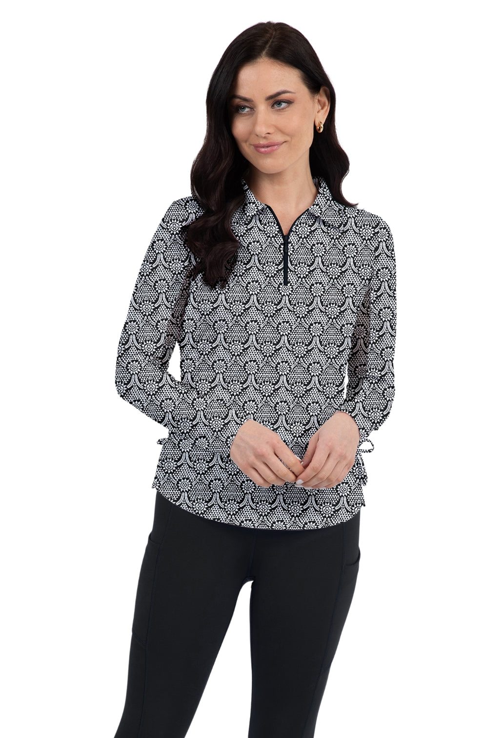 IBKÜL - Leslie Print Adjustable Length Long Sleeve Polo – 48868 - Color: Black/White