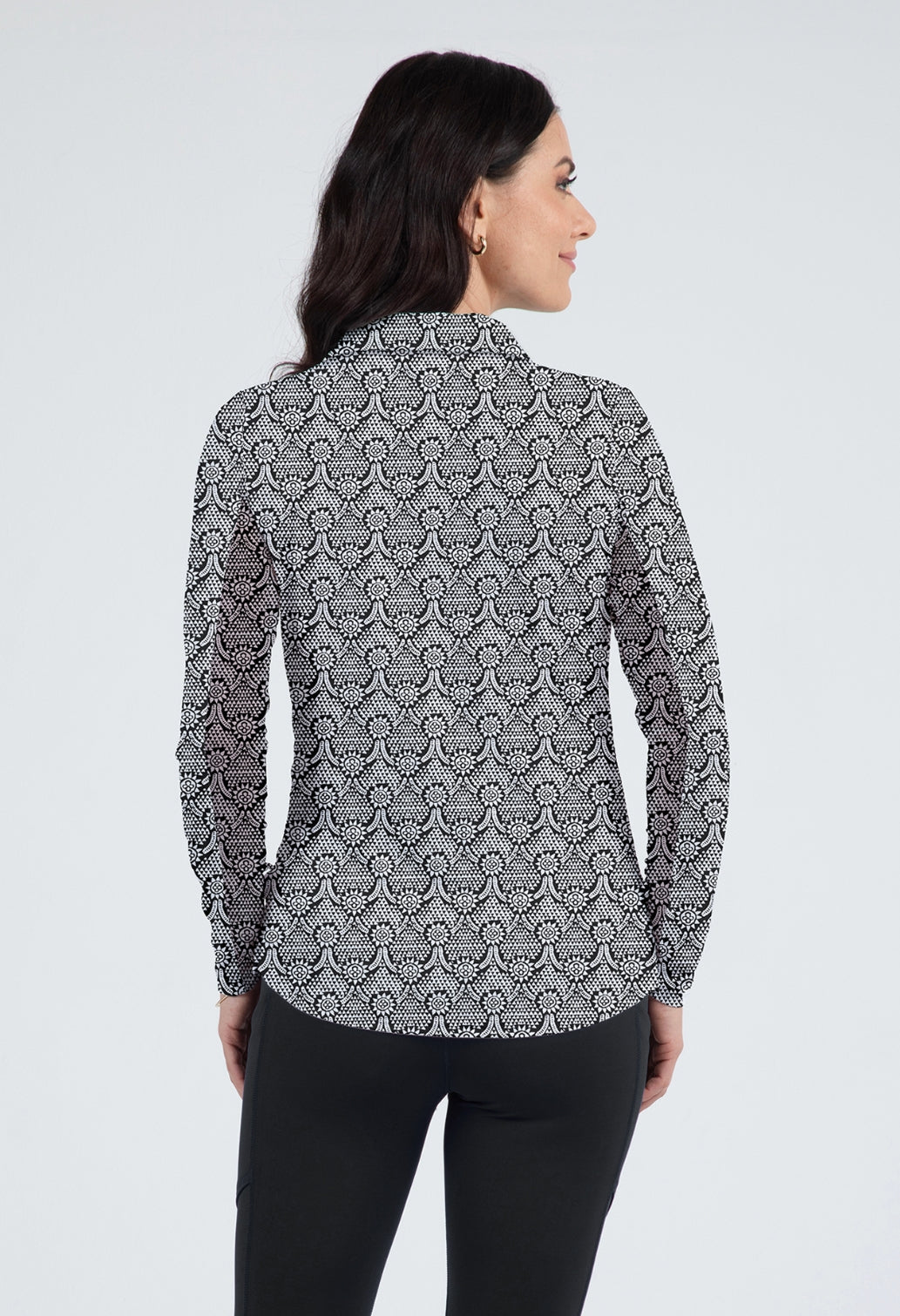 IBKÜL - Leslie Print Adjustable Length Long Sleeve Polo – 48868 - Color: Black/White