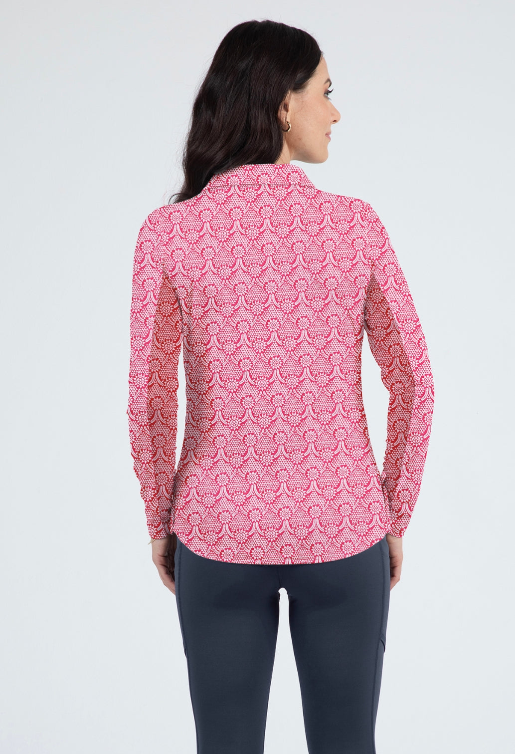 IBKÜL - Leslie Print Adjustable Length Long Sleeve Polo – 48868 - Color: Watermelon/White