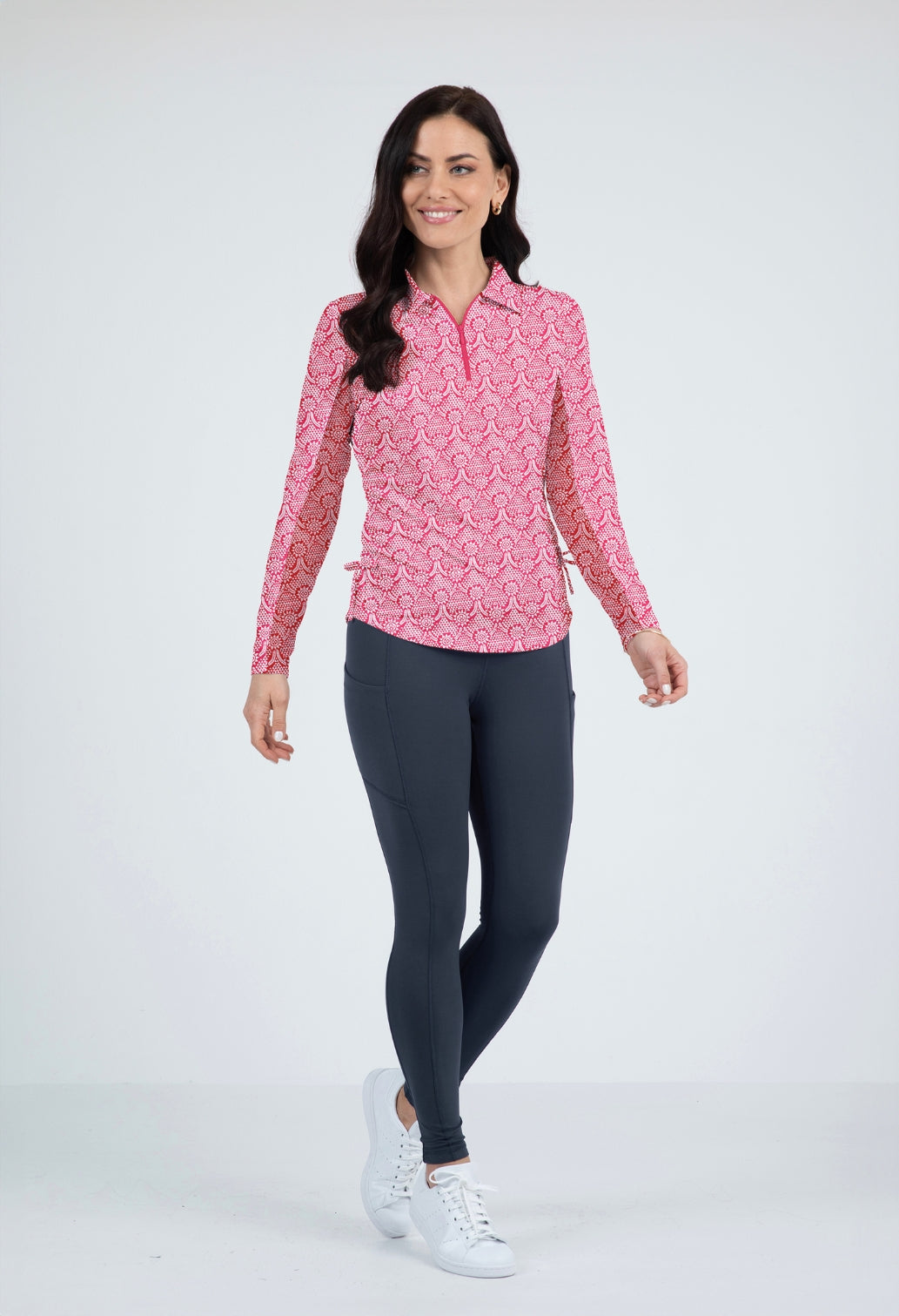 IBKÜL - Leslie Print Adjustable Length Long Sleeve Polo – 48868 - Color: Watermelon/White