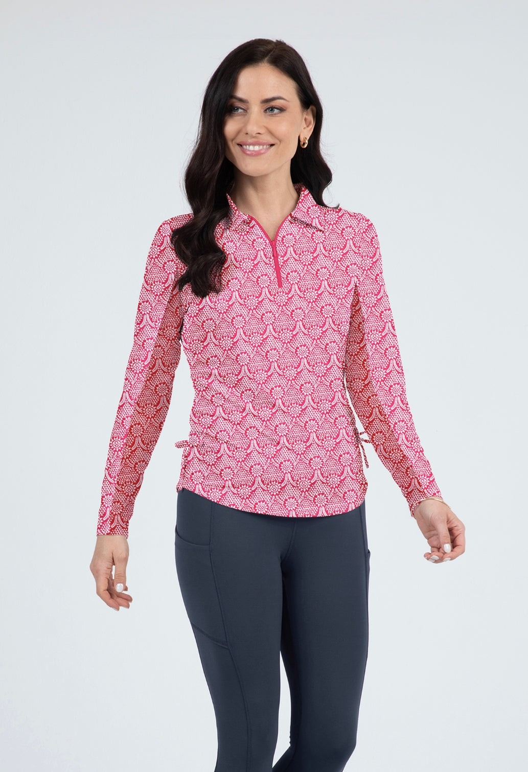 IBKÜL - Leslie Print Adjustable Length Long Sleeve Polo – 48868 - Color: Watermelon/White