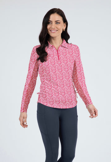 IBKÜL - Leslie Print Adjustable Length Long Sleeve Polo – 48868 - Color: Watermelon/White