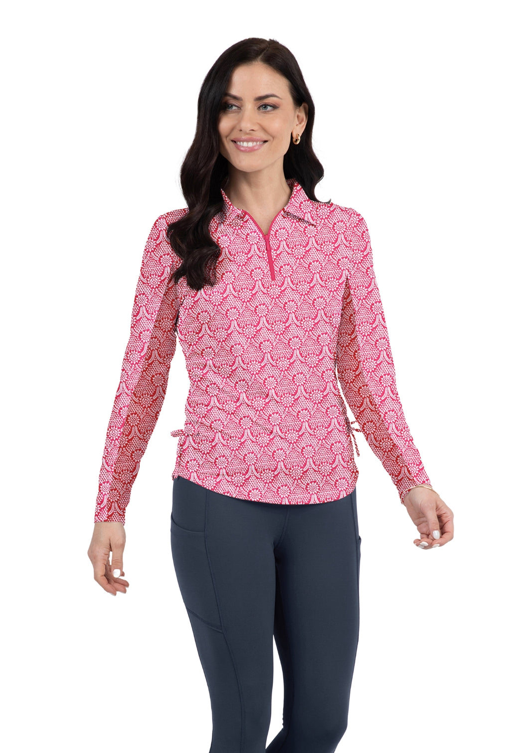 IBKÜL - Leslie Print Adjustable Length Long Sleeve Polo – 48868 - Color: Watermelon/White