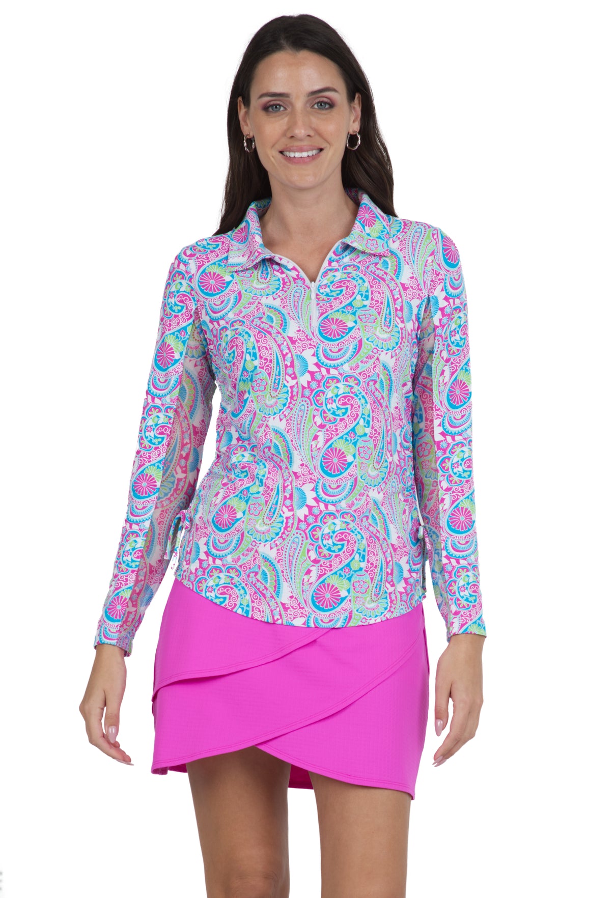 IBKÜL - Gloria Print Adjustable Length Long Sleeve Polo – 48869 - Color: Hot Pink/Turquoise