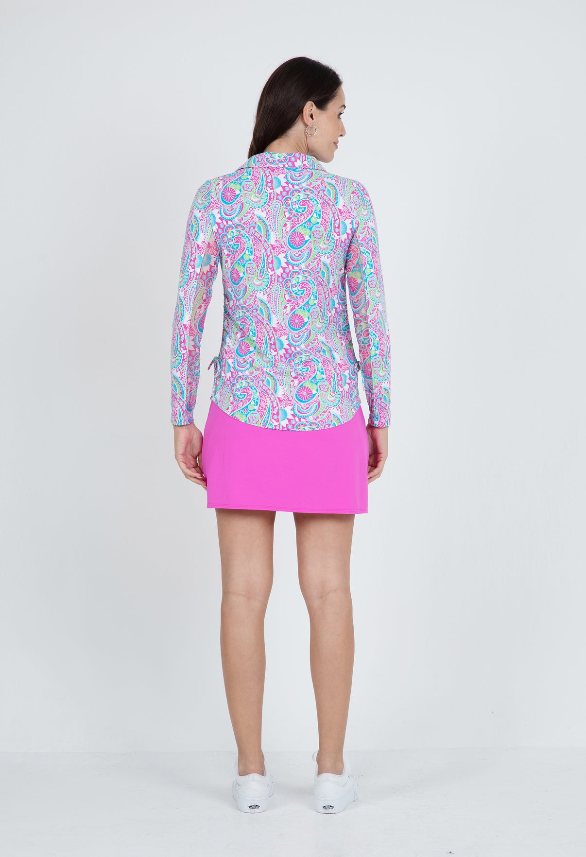 IBKÜL - Gloria Print Adjustable Length Long Sleeve Polo – 48869 - Color: Hot Pink/Turquoise
