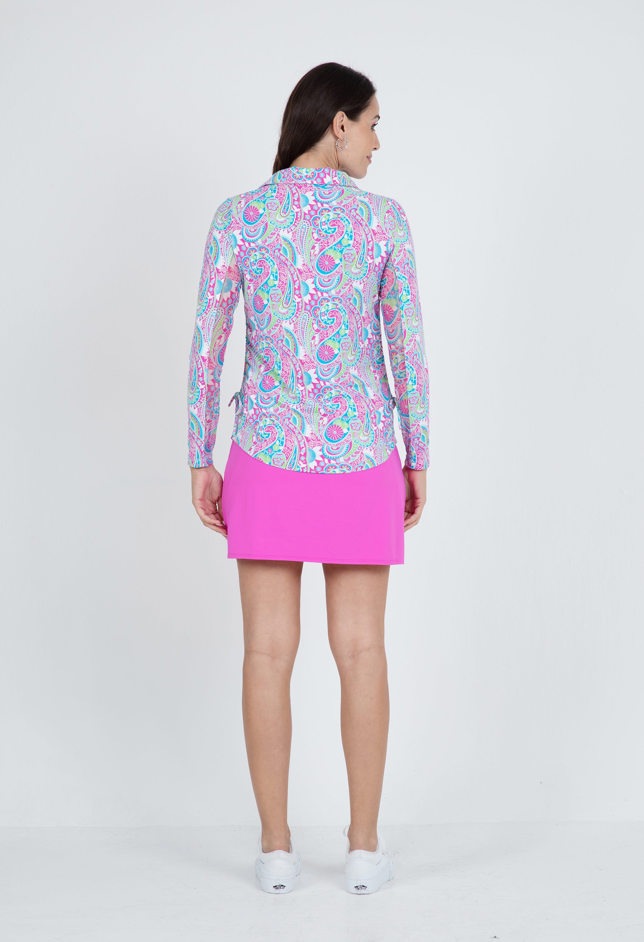 IBKÜL - Gloria Print Adjustable Length Long Sleeve Polo – 48869 - Color: Hot Pink/Turquoise