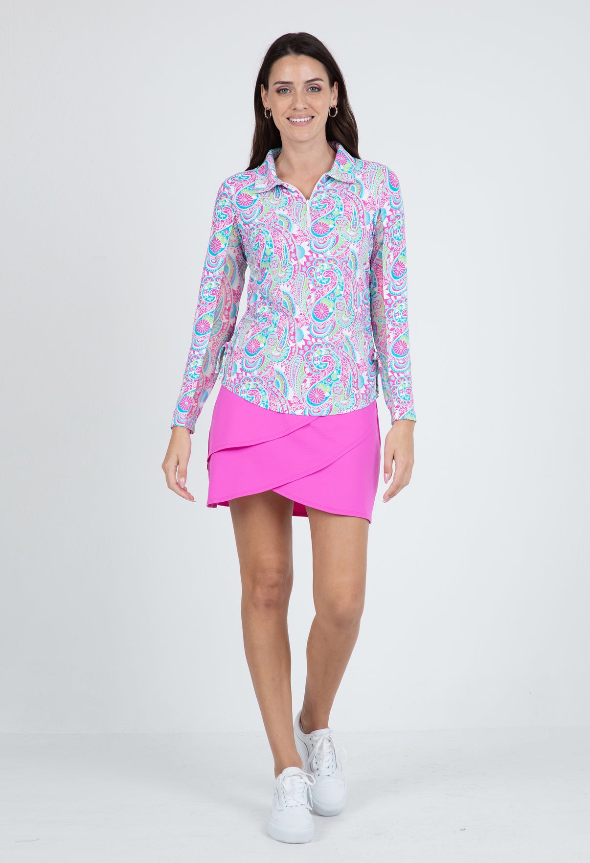 IBKÜL - Gloria Print Adjustable Length Long Sleeve Polo – 48869 - Color: Hot Pink/Turquoise