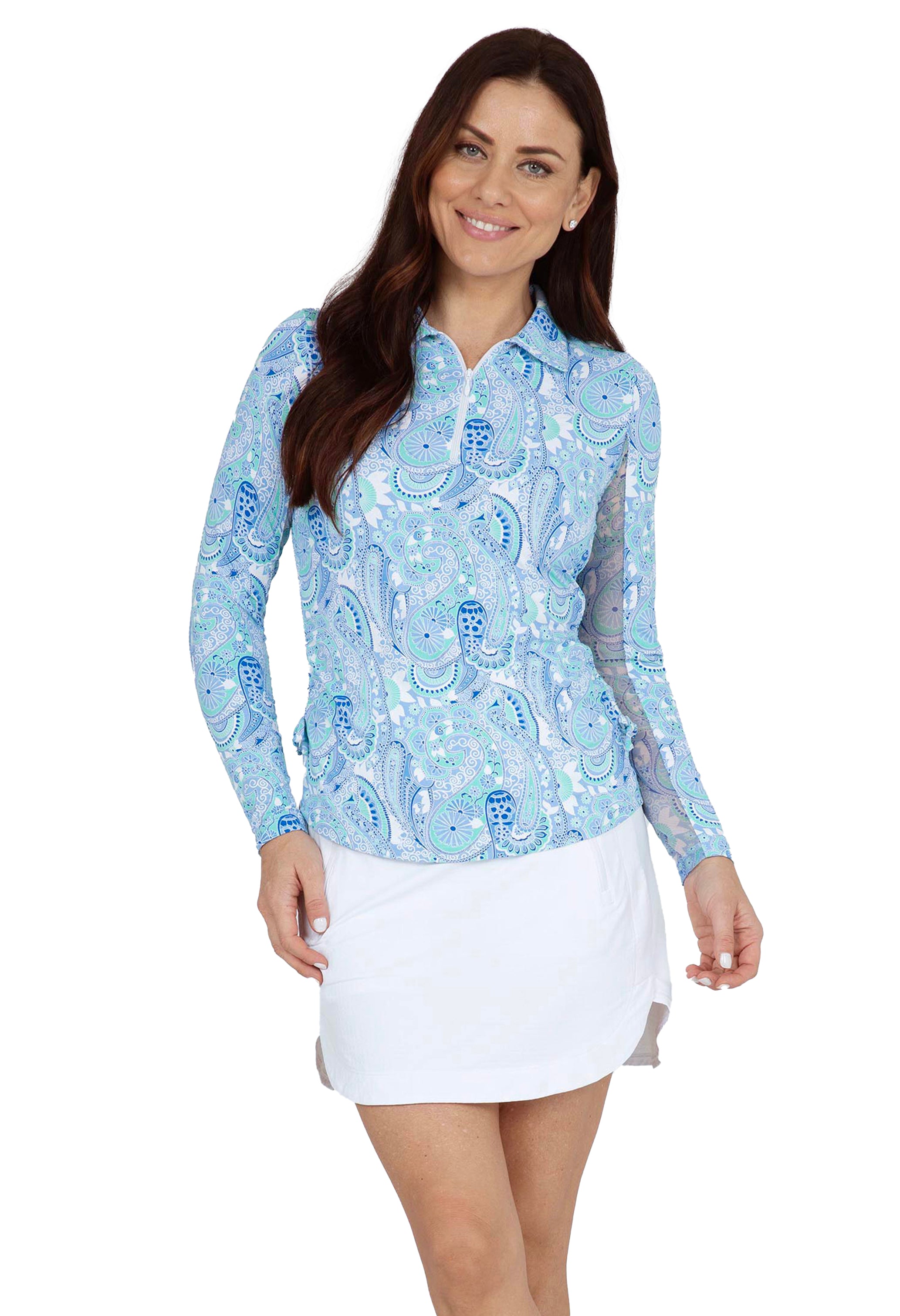 IBKÜL - Gloria Print Adjustable Length Long Sleeve Polo – 48869 - Color: Peri/Jade
