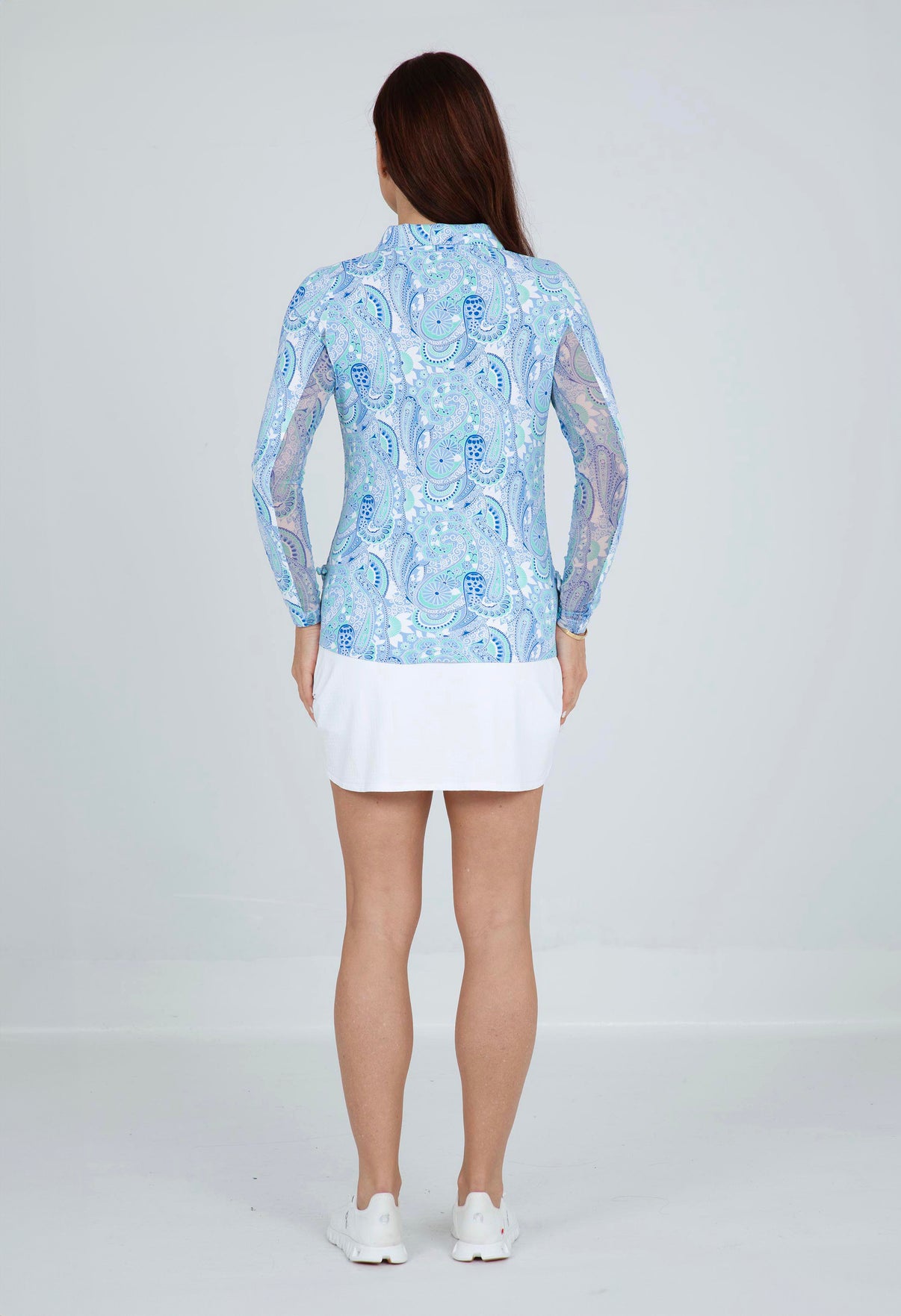 IBKÜL - Gloria Print Adjustable Length Long Sleeve Polo – 48869 - Color: Peri/Jade