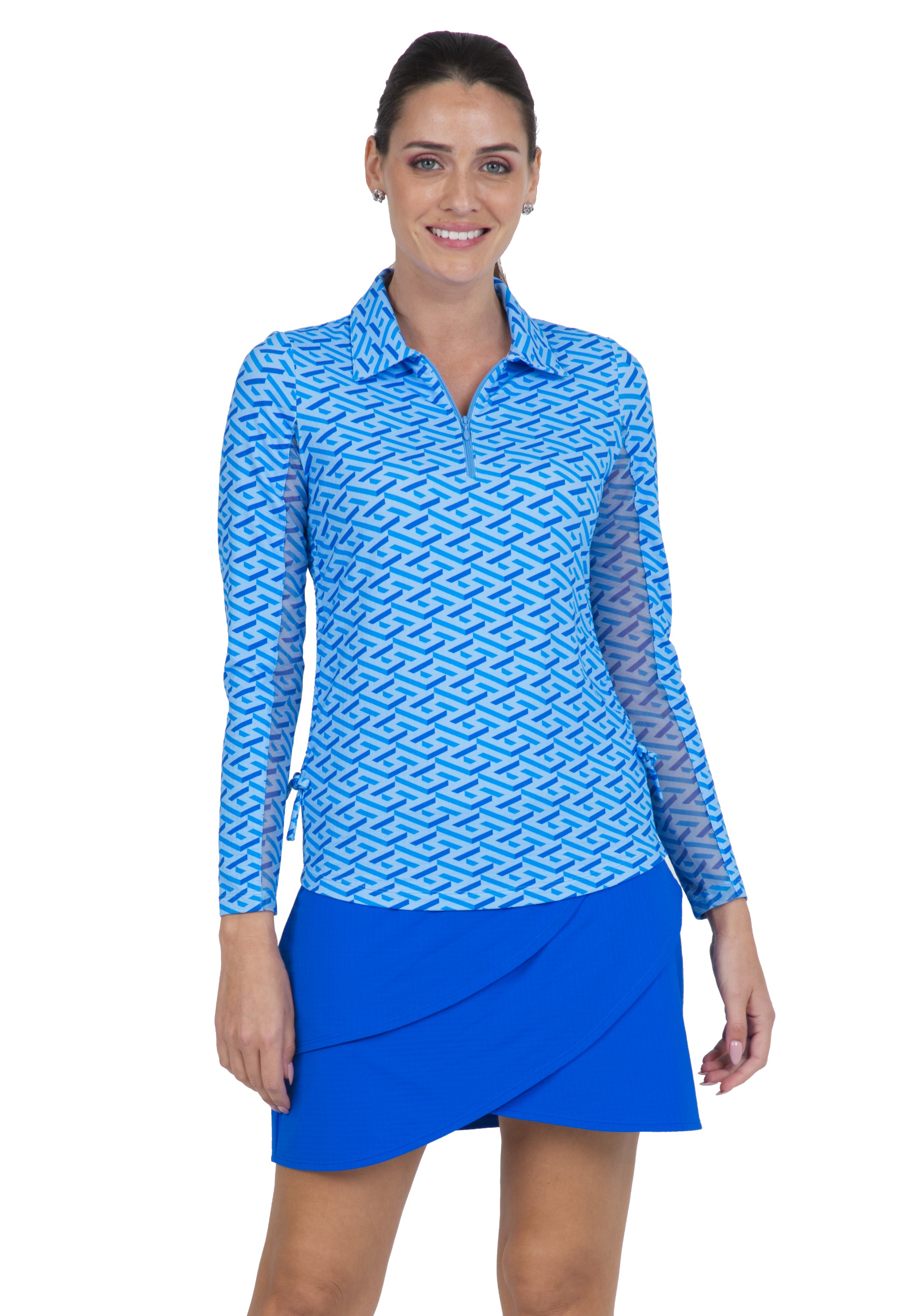 IBKÜL - Fatima Print Adjustable Length Long Sleeve Polo – 48870 - Color: Blue/Peri