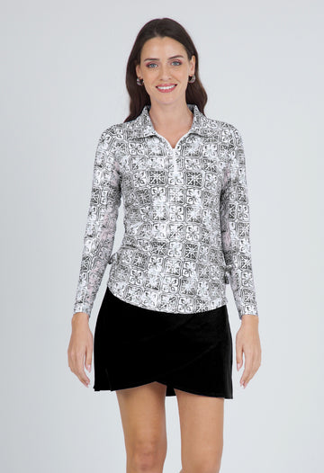 IBKÜL - Kathy Print Adjustable Length Long Sleeve Polo – 48871 - Color: Black/Grey