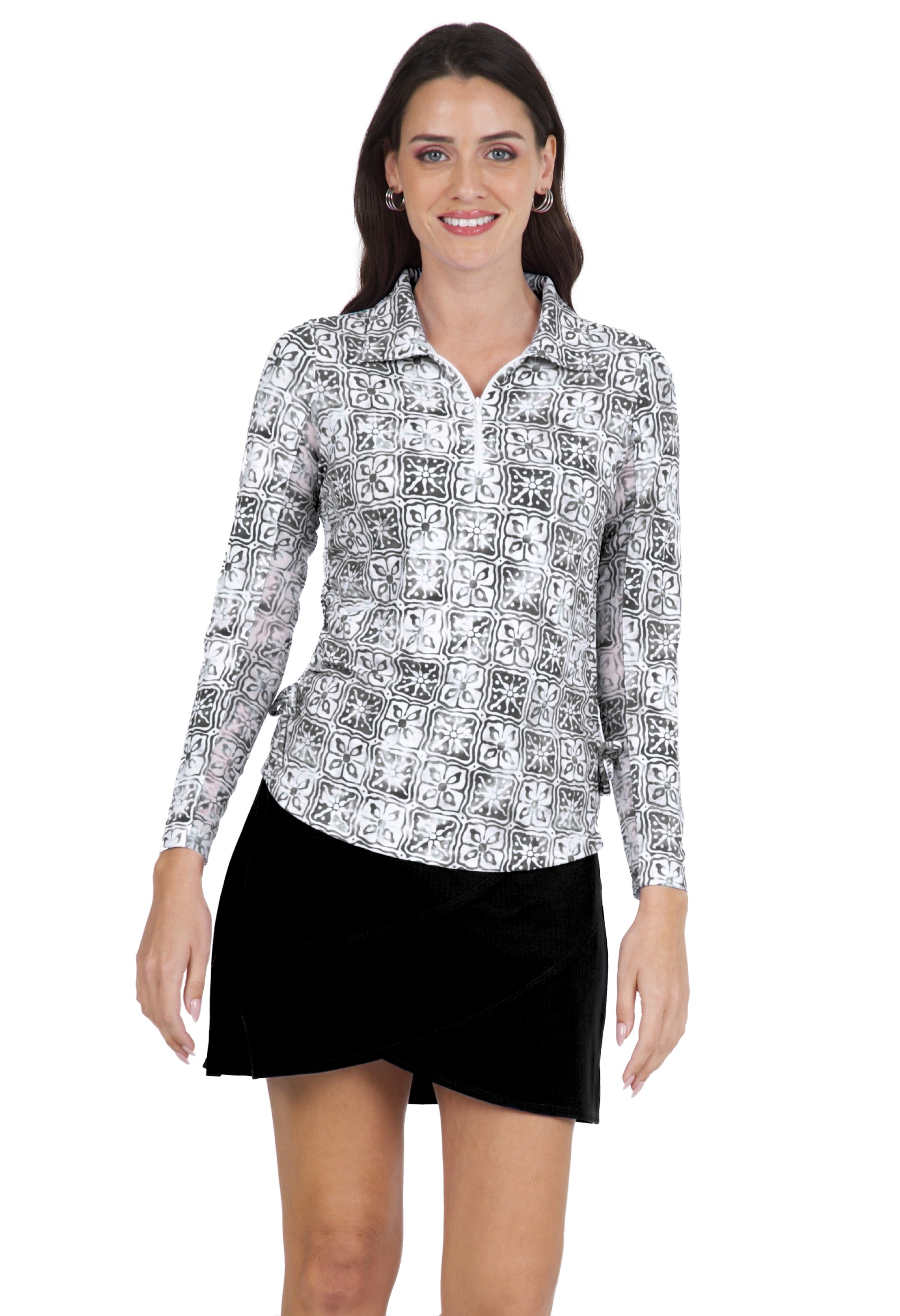 IBKÜL - Kathy Print Adjustable Length Long Sleeve Polo – 48871 - Color: Black/Grey