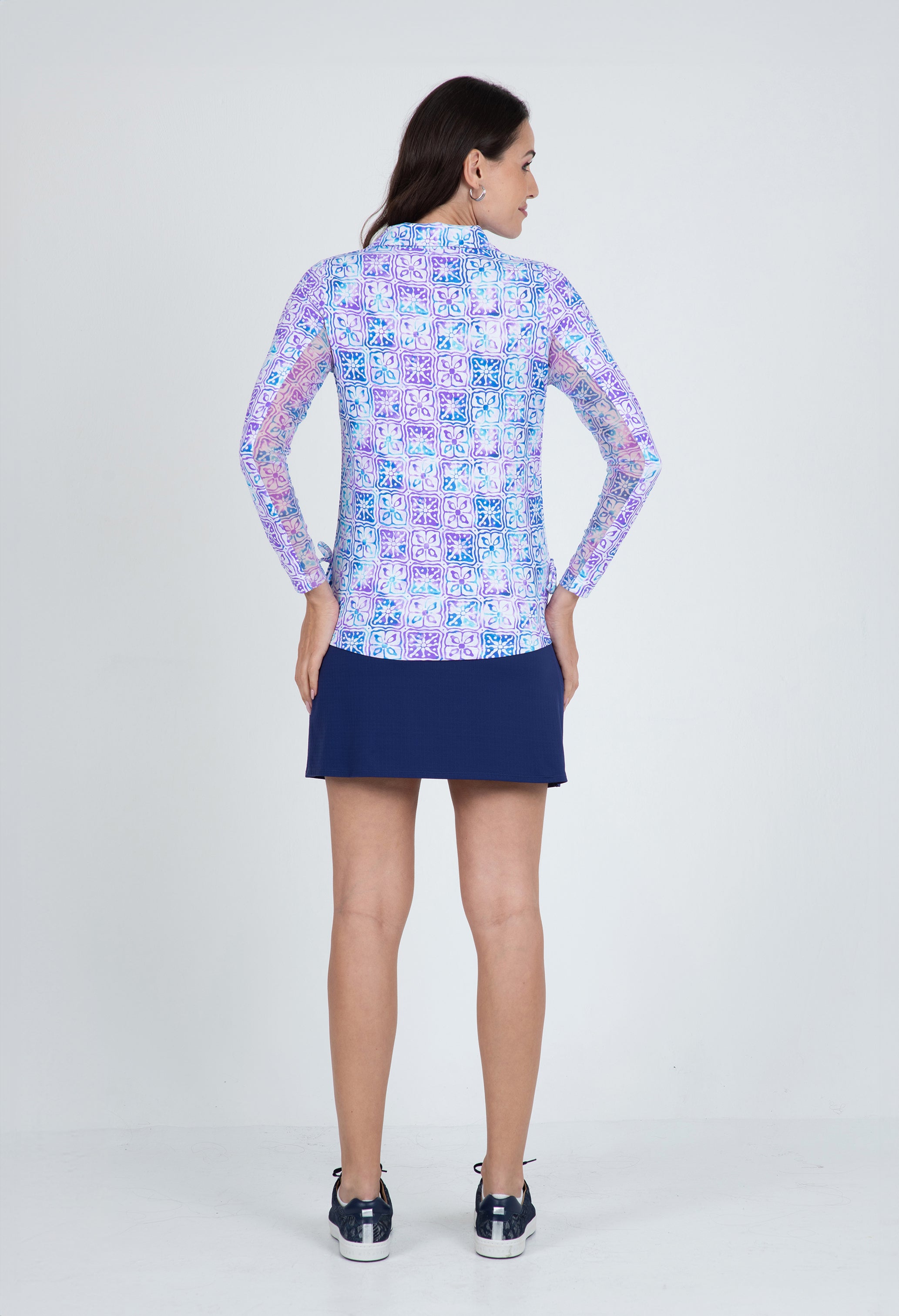 IBKÜL - Kathy Print Adjustable Length Long Sleeve Polo – 48871 - Color: Plum/Blue