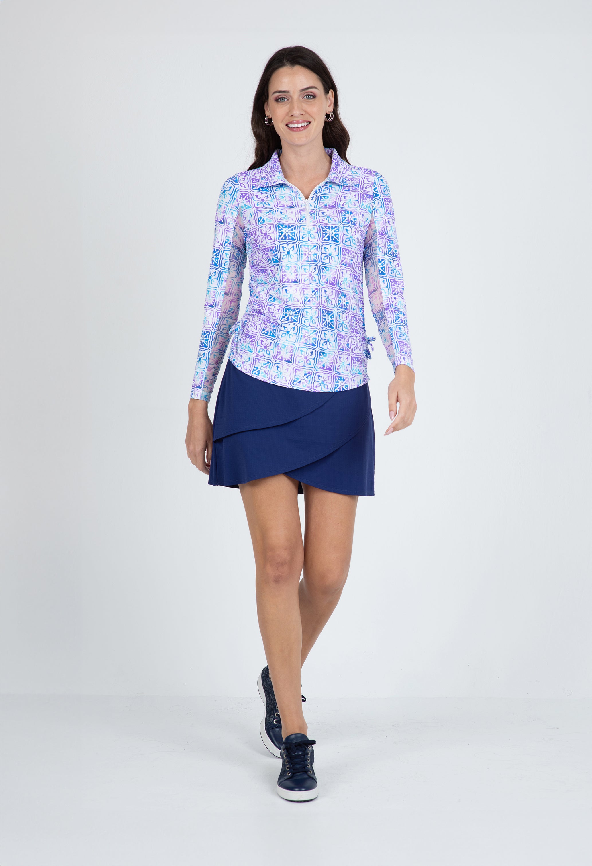 IBKÜL - Kathy Print Adjustable Length Long Sleeve Polo – 48871 - Color: Plum/Blue