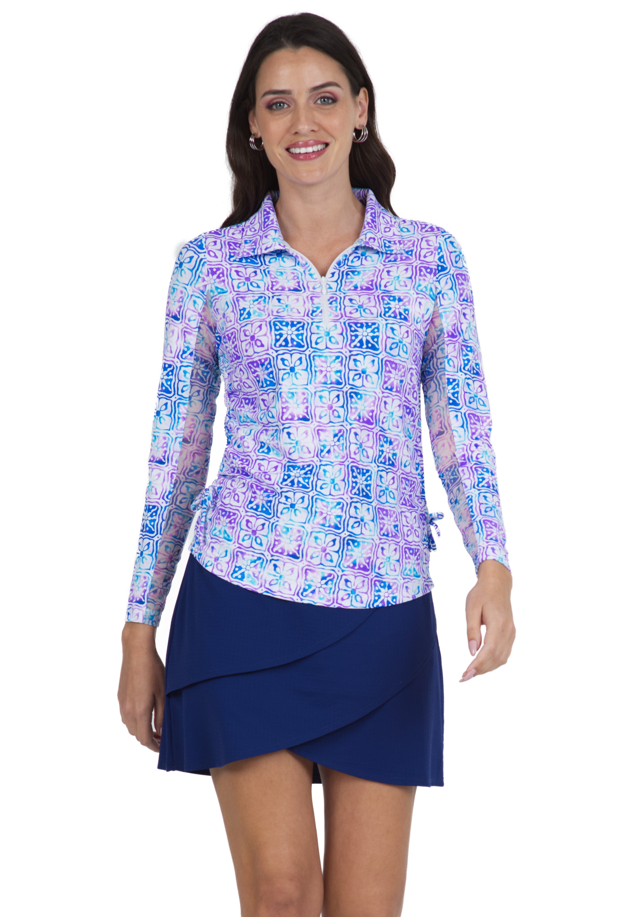 IBKÜL - Kathy Print Adjustable Length Long Sleeve Polo – 48871 - Color: Plum/Blue