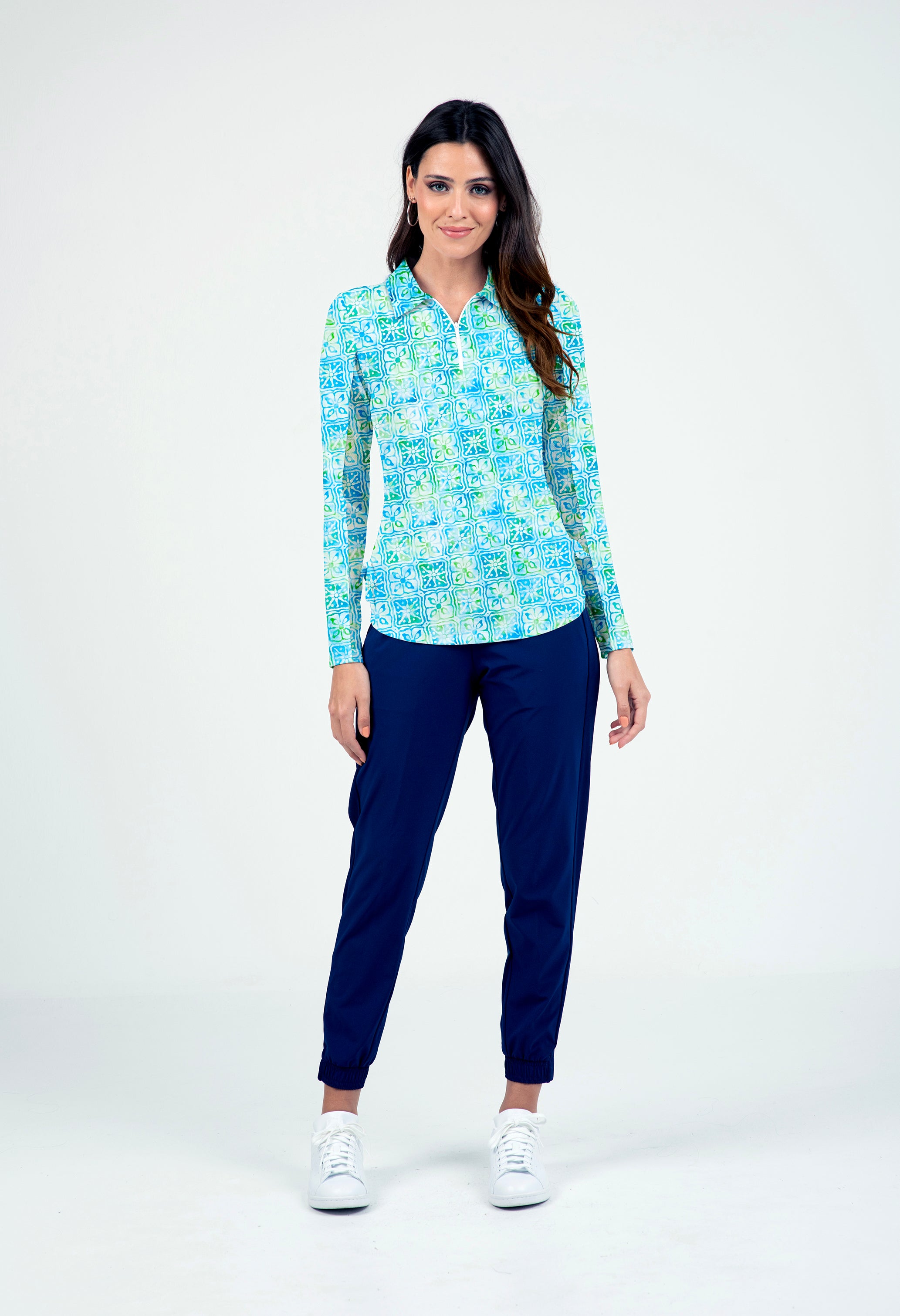 IBKÜL - Kathy Print Adjustable Length Long Sleeve Polo – 48871 - Color: Turquoise/Lime