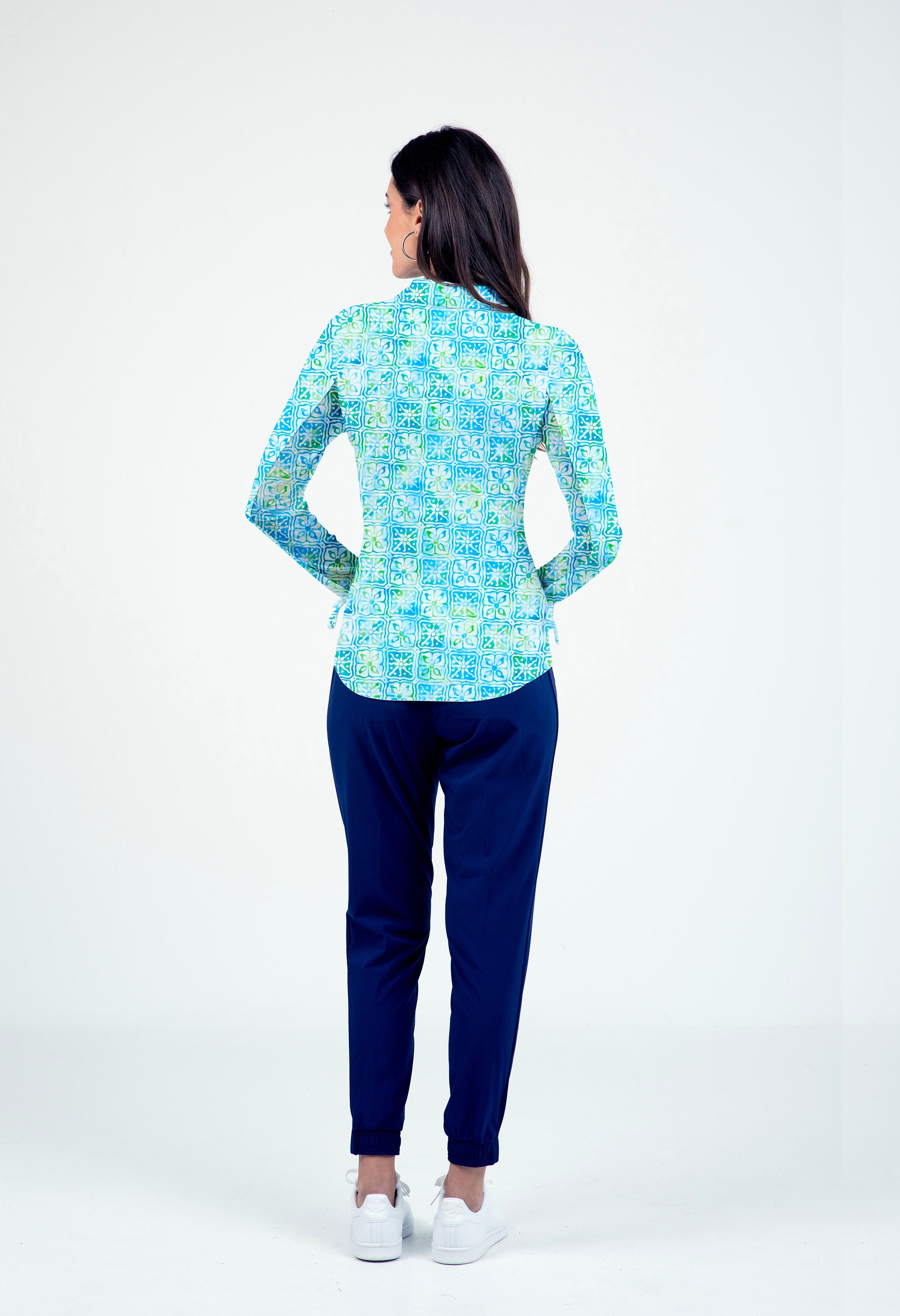 IBKÜL - Kathy Print Adjustable Length Long Sleeve Polo – 48871 - Color: Turquoise/Lime