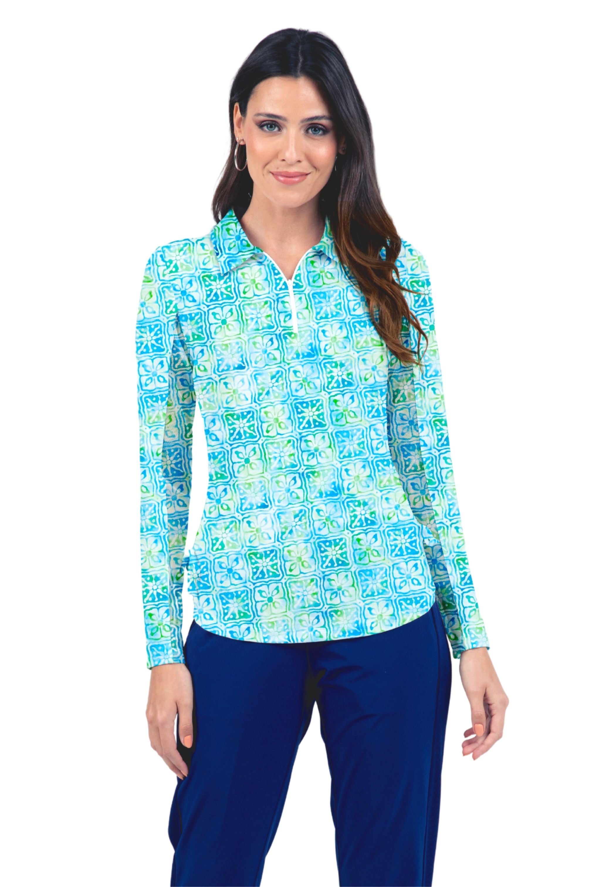 IBKÜL - Kathy Print Adjustable Length Long Sleeve Polo – 48871 - Color: Turquoise/Lime
