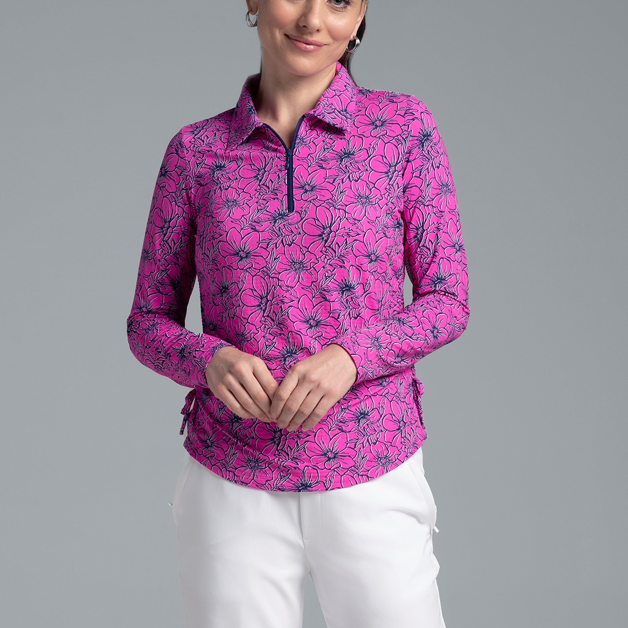 IBKÜL - Diana Print Adjustable Length Long Sleeve Polo – 48930 - Color: Hot Pink/Navy