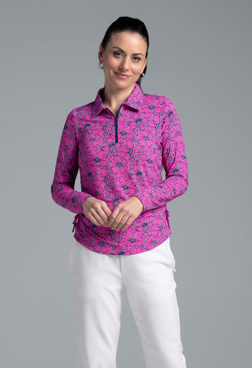 IBKÜL - Diana Print Adjustable Length Long Sleeve Polo – 48930 - Color: Hot Pink/Navy