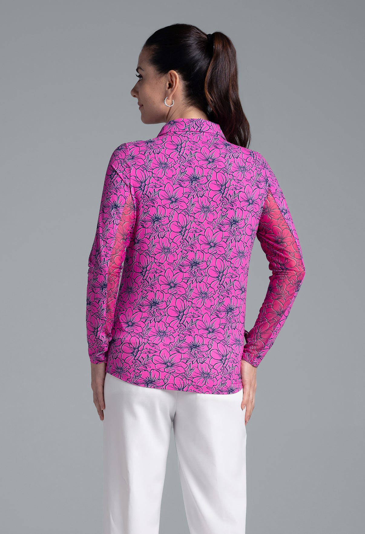 IBKÜL - Diana Print Adjustable Length Long Sleeve Polo – 48930 - Color: Hot Pink/Navy