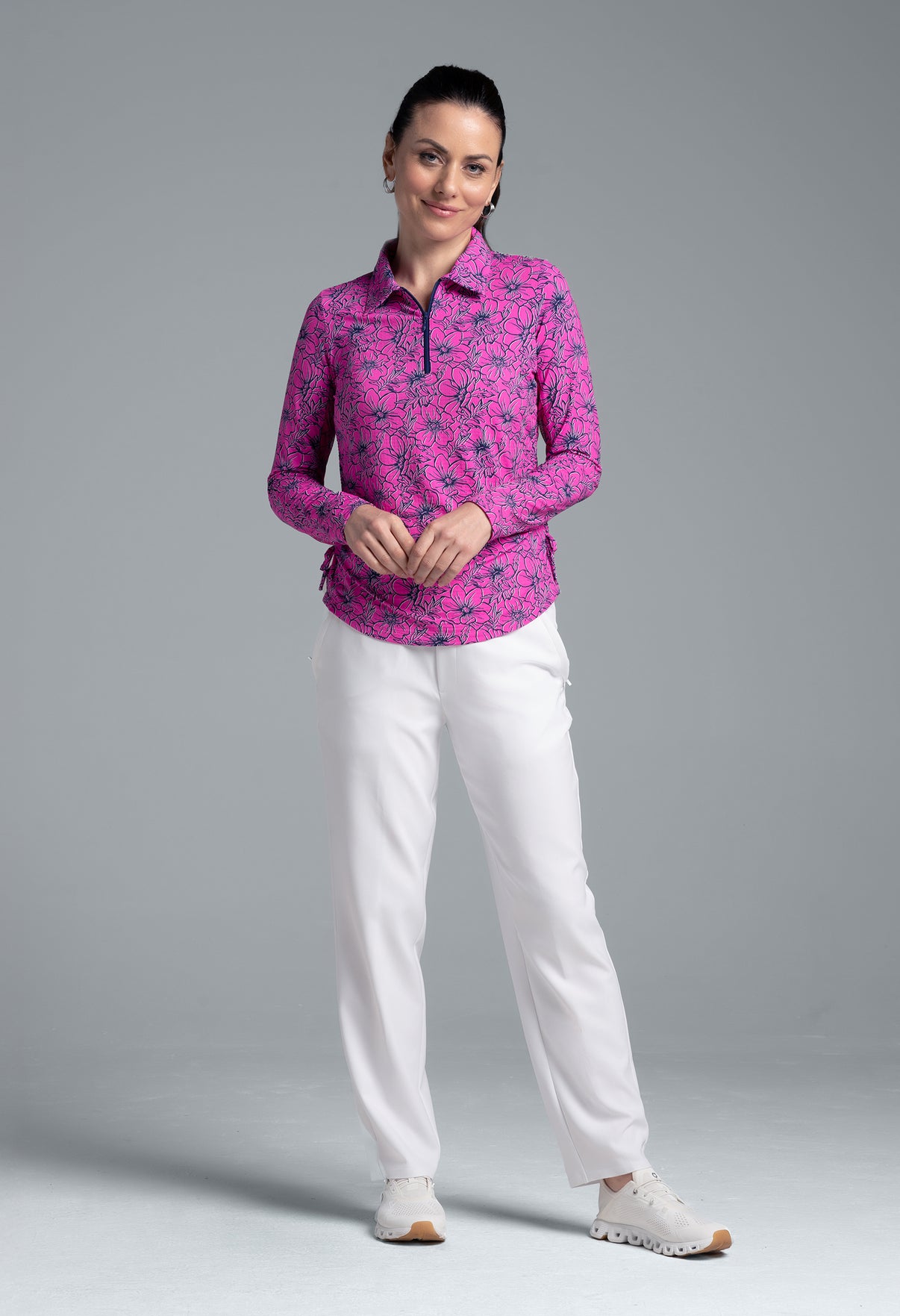IBKÜL - Diana Print Adjustable Length Long Sleeve Polo – 48930 - Color: Hot Pink/Navy