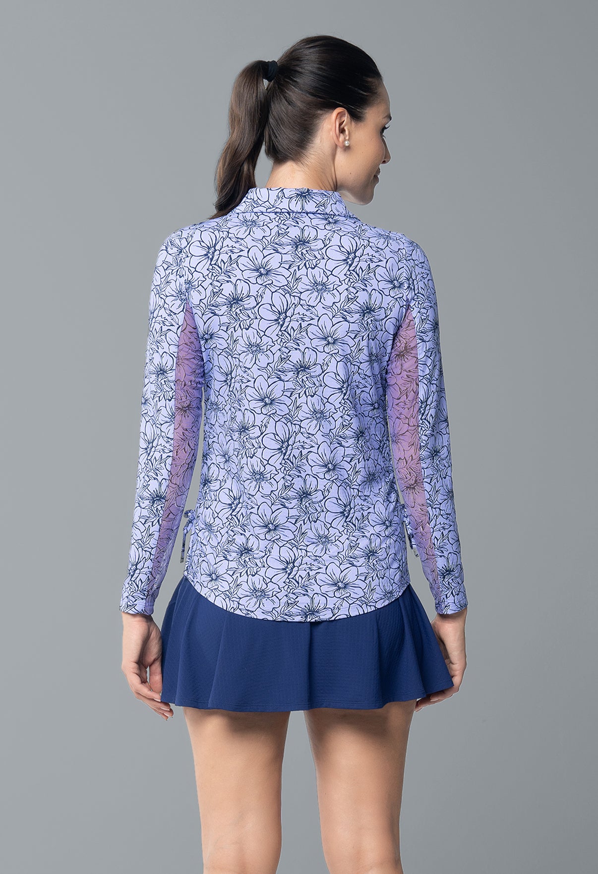IBKÜL - Diana Print Adjustable Length Long Sleeve Polo – 48930 - Color: Lavender/Navy