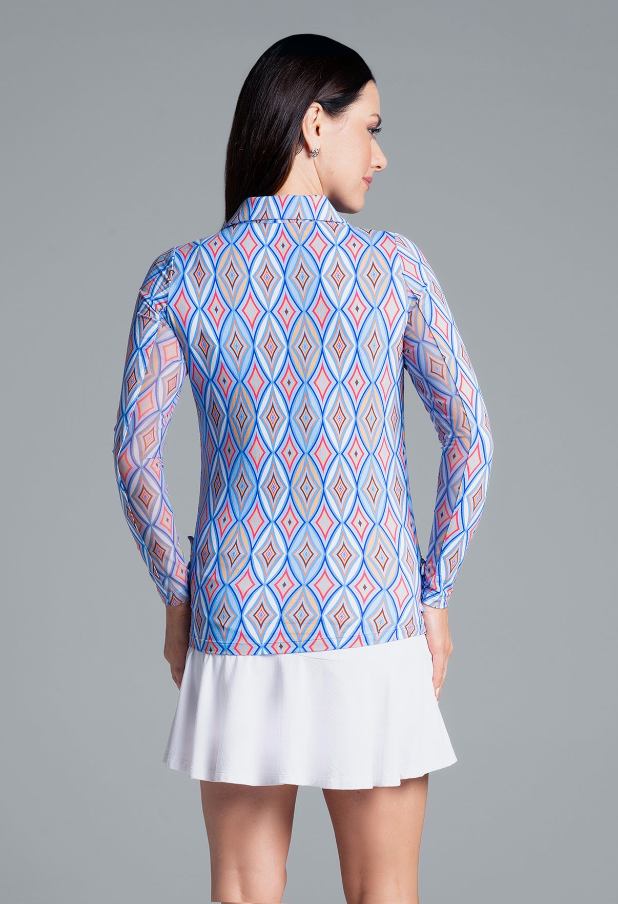 IBKÜL - Romina Print Adjustable Length Long Sleeve Polo – 48931 - Color: Blue Multi