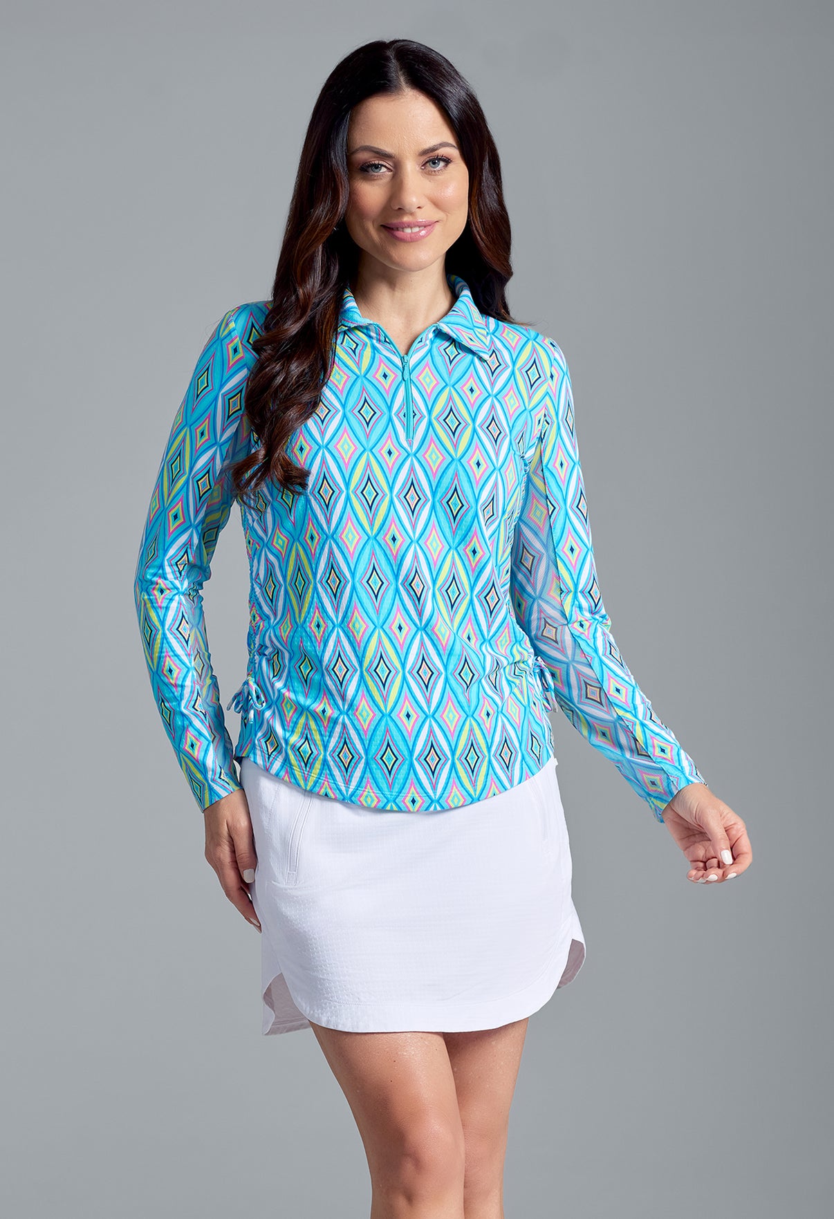 IBKÜL - Romina Print Adjustable Length Long Sleeve Polo – 48931 - Color: Seafoam Multi